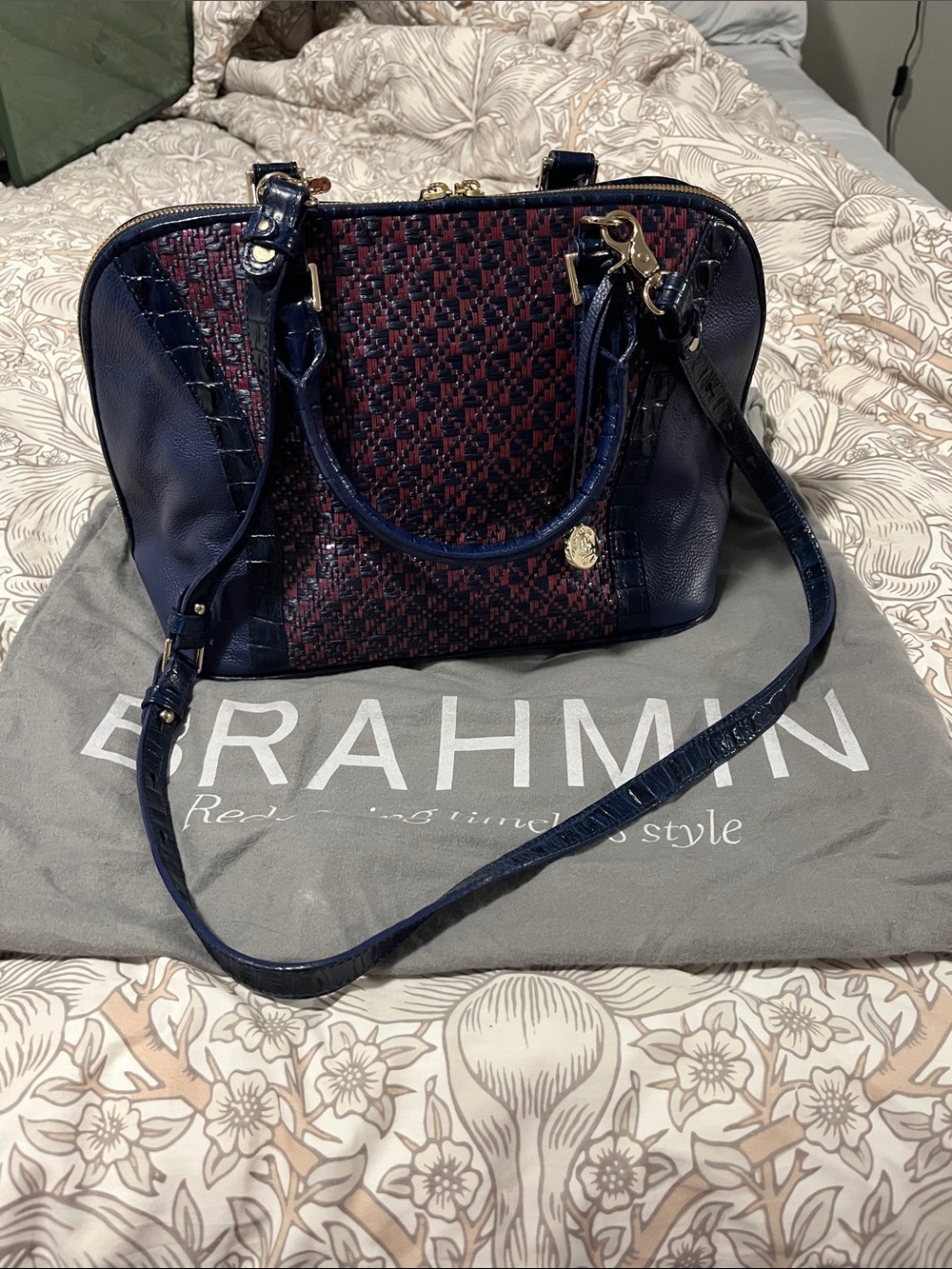 Brahmin Navy and Burgundy Woven Leather Satchel with Removable Strap